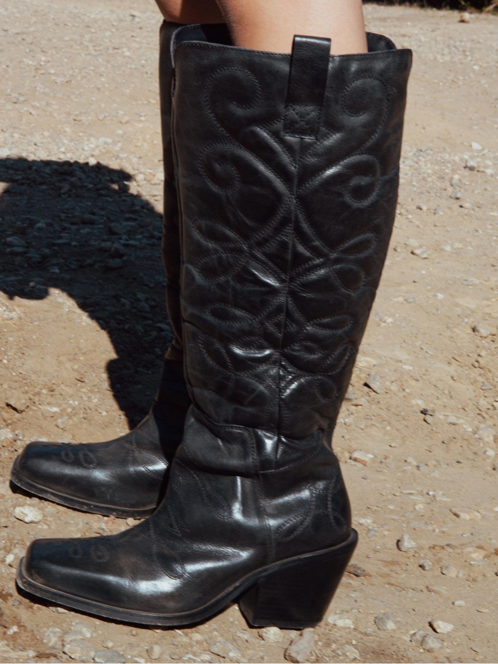 NastyGal Women's Leather Knee High Embroidered Square Toe Cowboy Boots